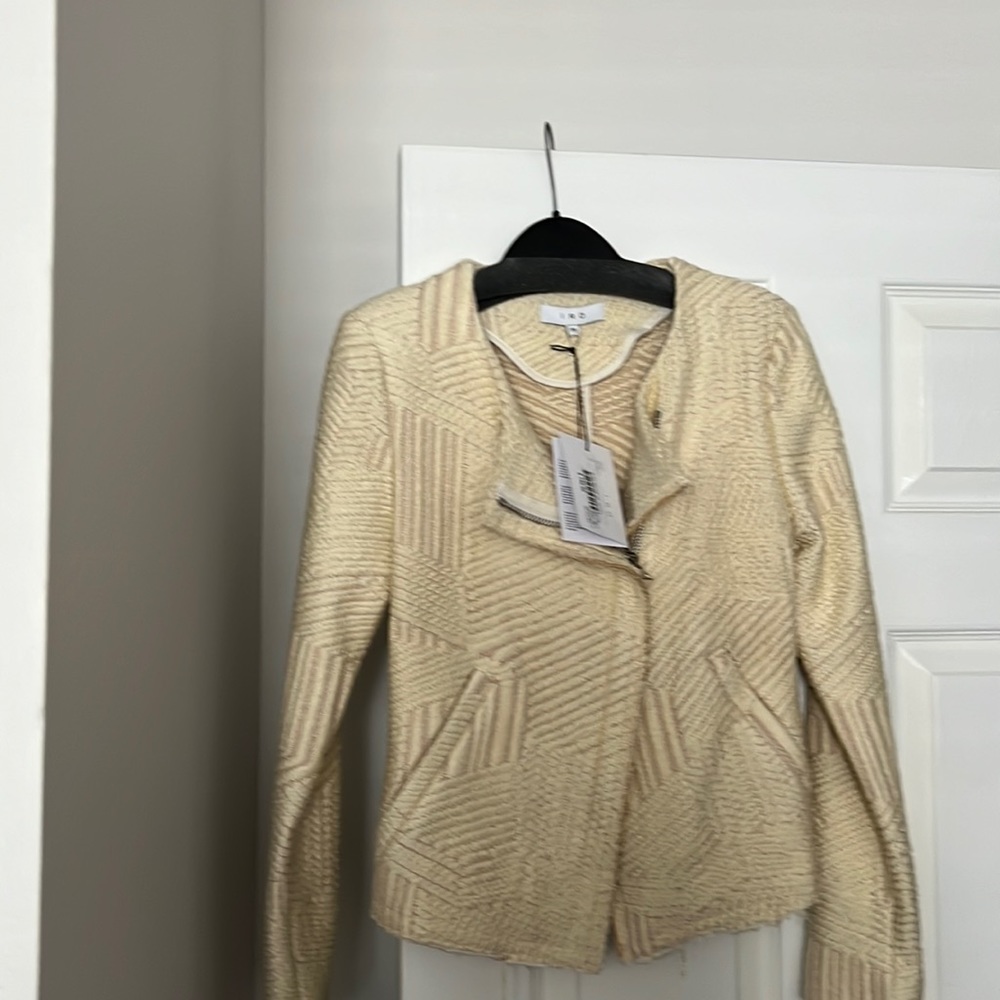 IRO Mepsie Beige Metallic Jacquard Moto Jacket Raw Hem Woven Knit